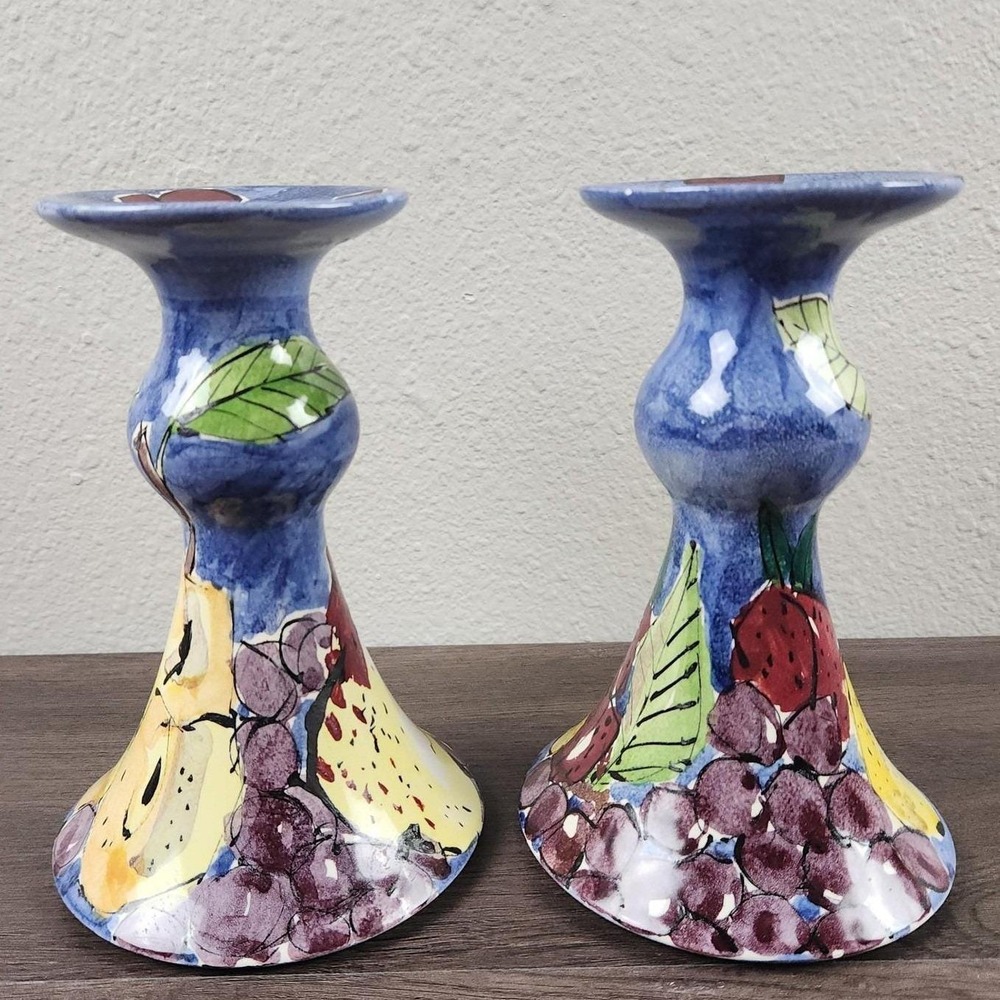 Vintage Hasslock Hand Painted Candlesticks Signed 2002 Studio Pottery